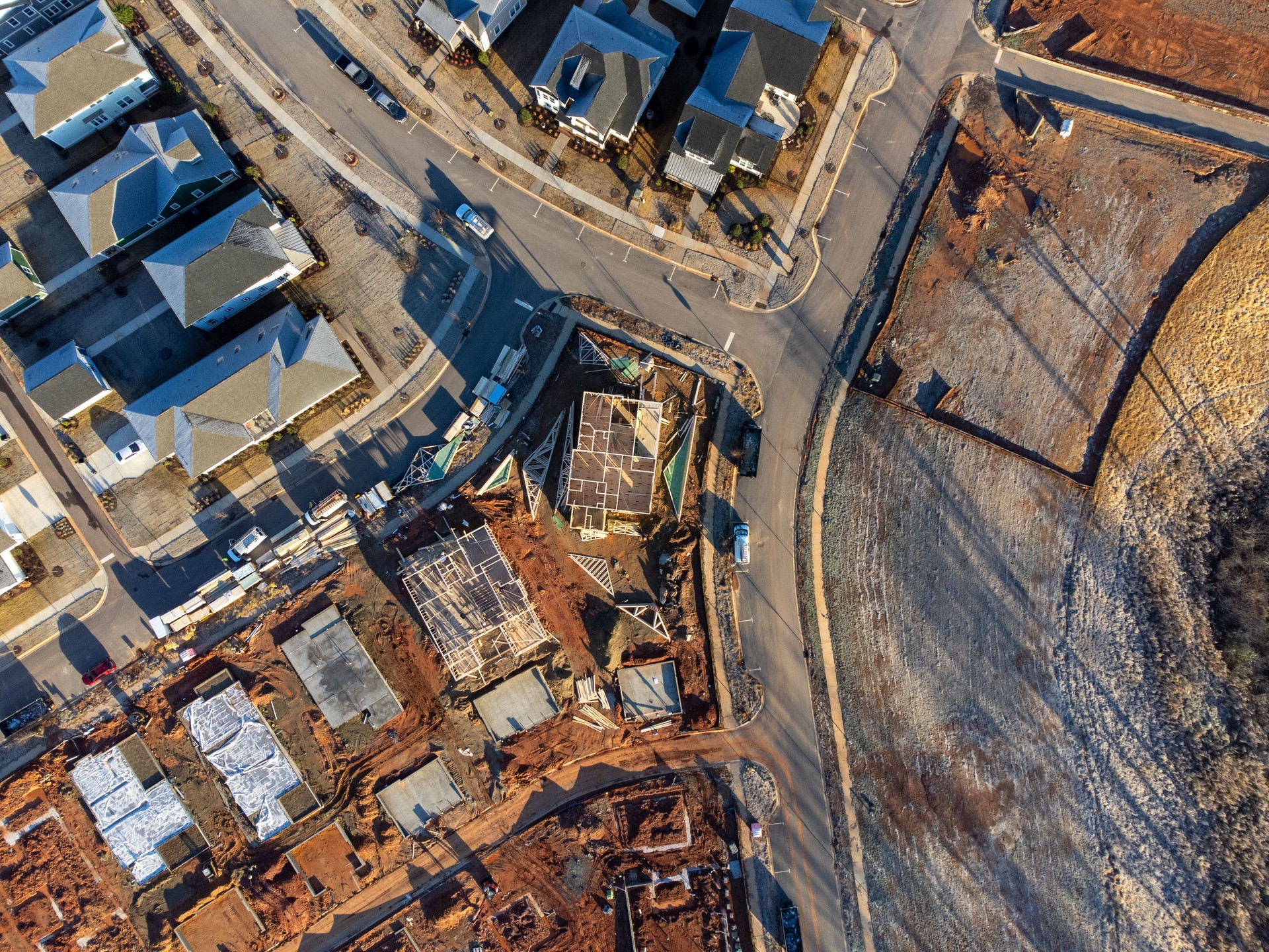 New home construction in suburbia in Rock Hill, South Carolina taken from above